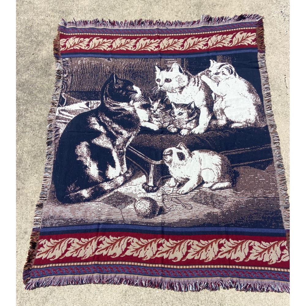 Vintage Goodwin Weavers Cat Family Woven Tapestry Throw Blanket Cotton USA Made